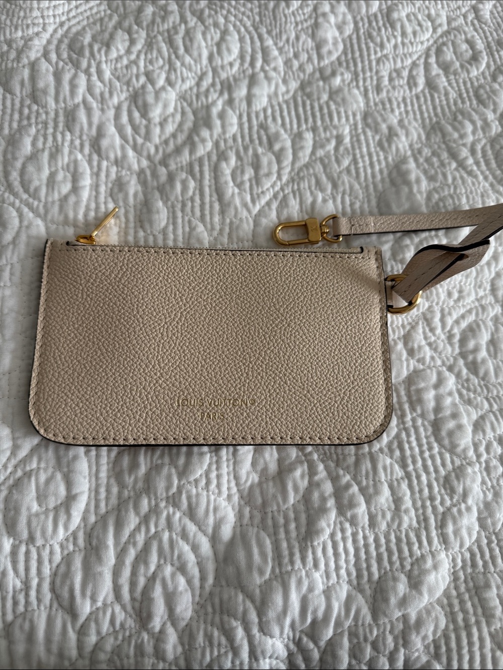 Louis Vuitton Cream Textured Leather Mini Wristlet with Gold Hardware